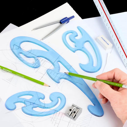 STAEDTLER Mars Professional French Curve Design Ruler Set for Pattern Making 12-Pack (6 Sets of 3 pcs), 3 Essential A B C Shapes, Blue Transparent Plastic with Inking Edge, 18 Count
