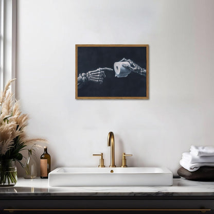 Funny Skeleton Bathroom Wall Art Gothic Skull Hand and Toilet Paper Bathroom Wall Decor Picture, Dark Academia Restroom Poster Canvas Print Painting 12x16 inch Wood Framed