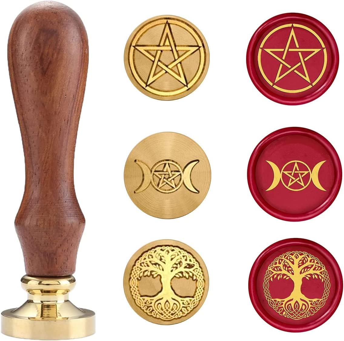 Wax Seal Stamp Set, Sealing Wax Stamps Copper Seals with Wooden Hilt, Vintage Retro Wiccan Seal Wax Stamp (Triple Moon&Pentagram&Tree of Life)