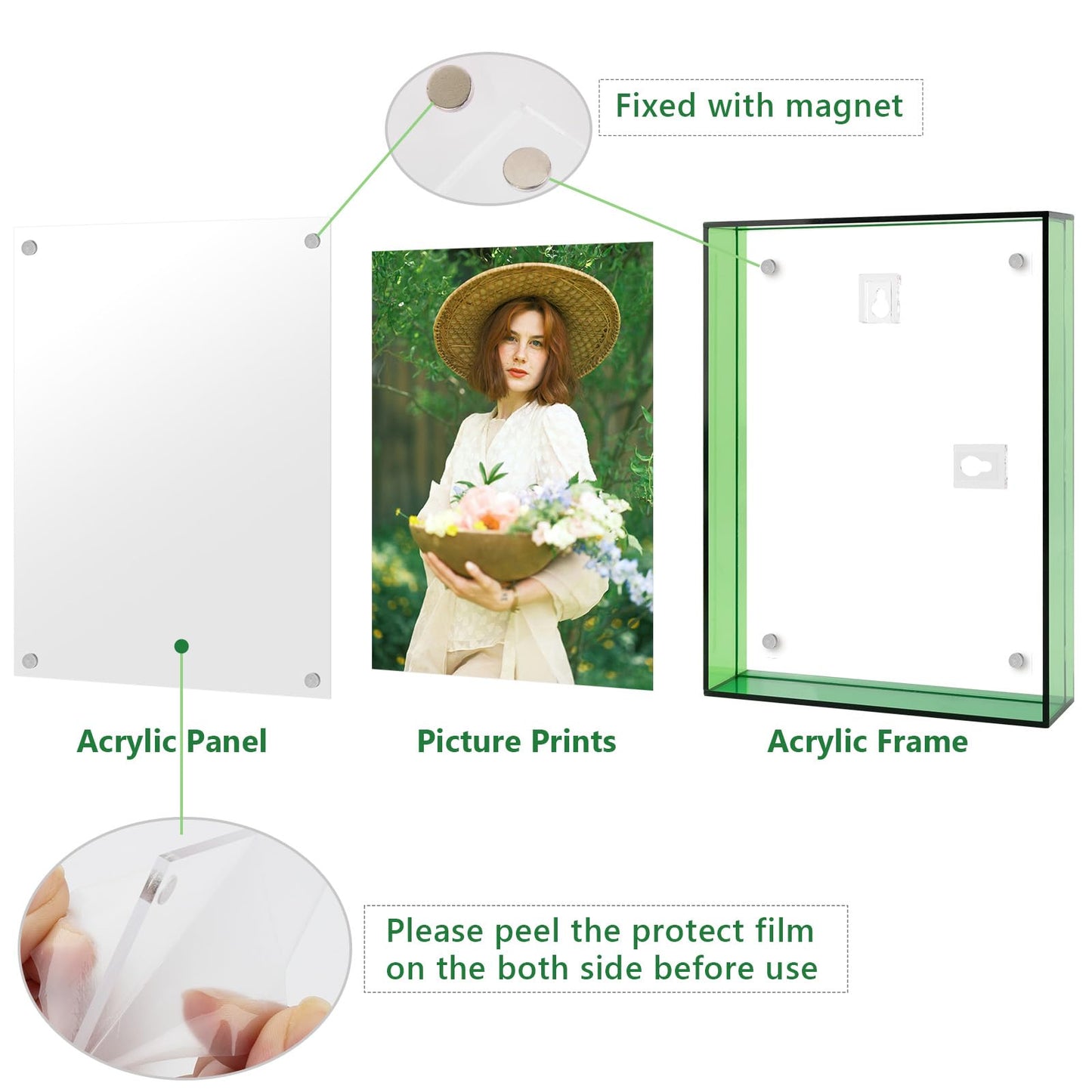 5x7 Acrylic Picture Frame Green - Clear Floating Photo Frames for 5 x 7 Inches Art Print - Individual for Tabletop Display - With Hangers for Wall Mount Horizontal or Vertical - 1 Pack