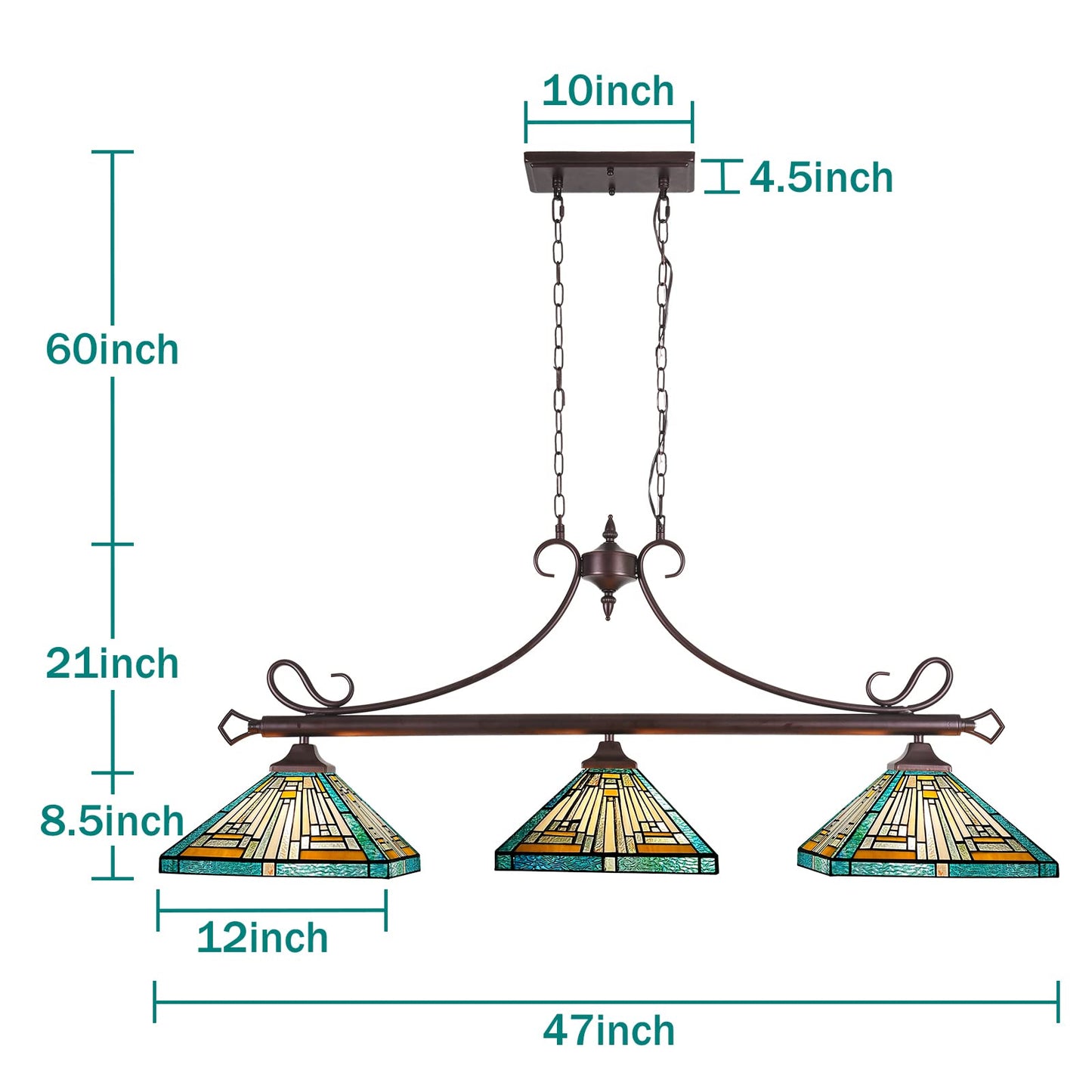 Capulina Tiffany Lamp Stained Glass Pool Table Light Chandelier 3-Lights 12 Inches Wide Amber Green Antique Mission Tiffany Style Pendant Light for Dining Room Kitchen Island Pool Table Hall Farmhouse