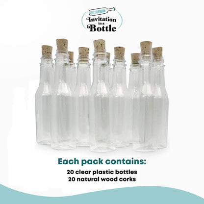 Plastic Bottles & Corks Set (20) - Clear PET Plastic Potion Bottles with Cork - Small Bottles with Cork & Tiny Jars with Cork Bottles for Invitation in a Bottle, Message in Plastic Bottle, DIY Crafts