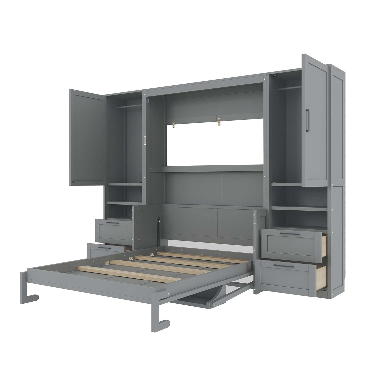 Merax Full Size Murphy Bed with Desk, Closet, Drawers and Shelves, Multifunctional Foldable Wood Platform Bed Frame for Small Spaces Studio Study Office Guest Room, Space-Saving Design, Gray