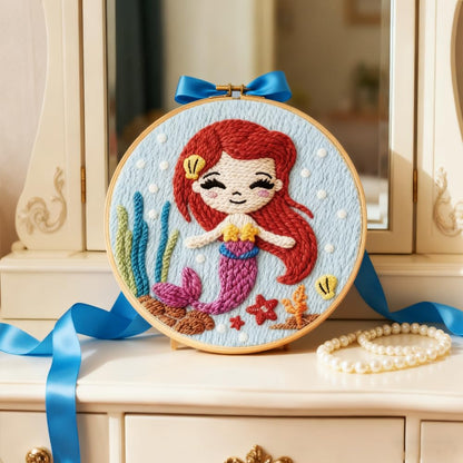 INFUNLY Mermaids Punch Needle Kit Round 8.7" DIY Embroidery Punch Needle Set for Adult Fairy Tales Punches Stitching Starter Kits with Easy to Follow Instruction Yarns Fabric Festival Gift Home Decor