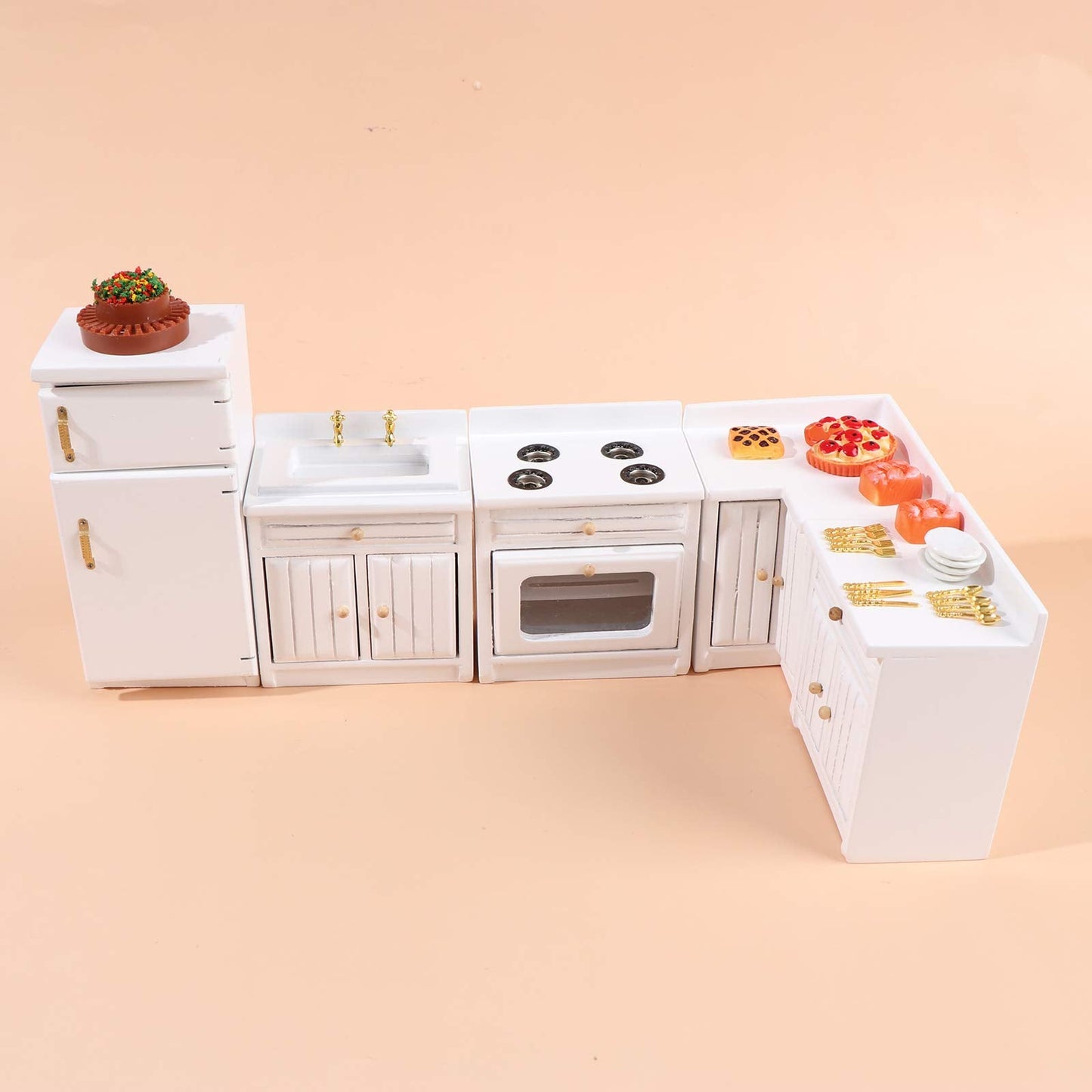 Dollhouse Kitchen Furniture Kit 1:12 Doll House Miniature Suite Wooden Kitchen Cabinet Fridge Set Dining Room for Miniature Dollhouse Furniture Scenes Accessories