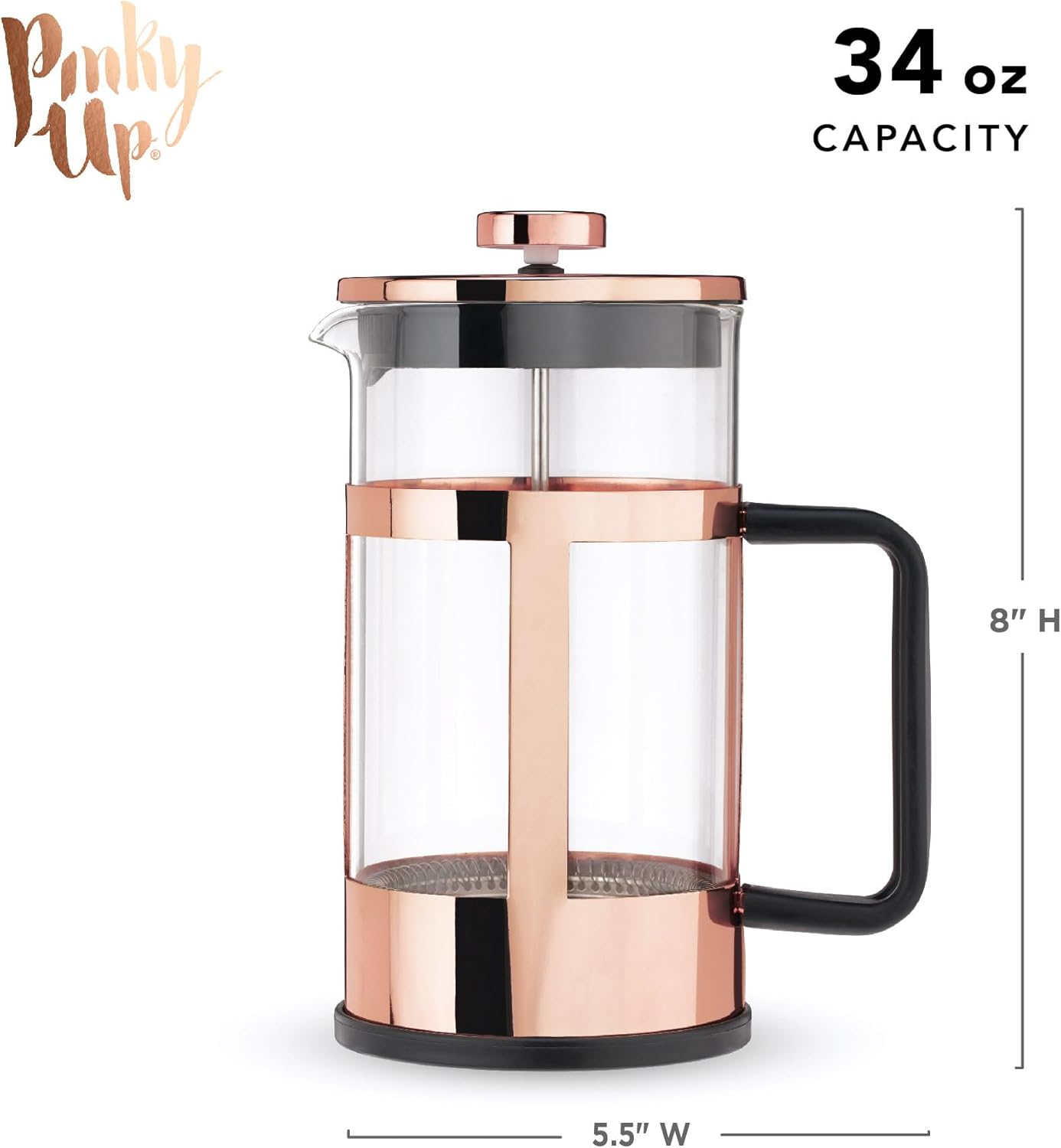 Pinky Up Piper 34 oz Rose Gold Tea Press Pot, French Press for Loose Leaf Tea and Coffee