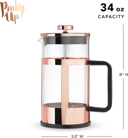 Pinky Up Piper 34 oz Rose Gold Tea Press Pot, French Press for Loose Leaf Tea and Coffee