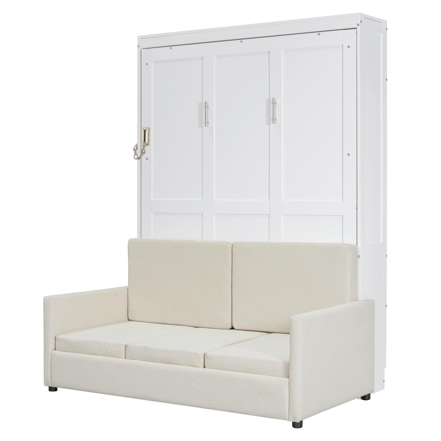 Ball & Cast Murphy Bed Full Size W/ 2 Seat Sofa,Murphy Bed Cabinet W/Cushion,Hideaway Bed W/Support Leg & Handles,for Bedroom Office Guest Room,White
