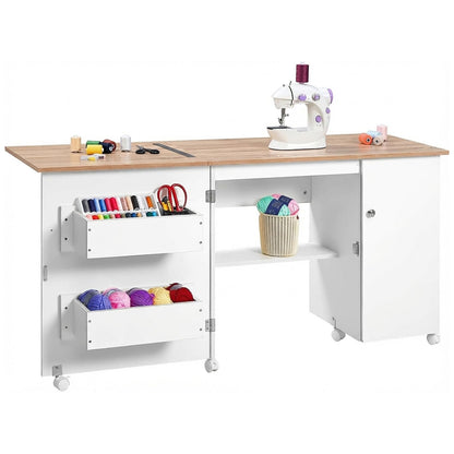 Large Folding Sewing Table, 63" x 19" x 29.5" Multipurpose Portable Craft Station & Side Desk with Compact Design, Caster Wheels, Storage Shelves, 2 Storage Trays, Magnetic Doors, White + Natural