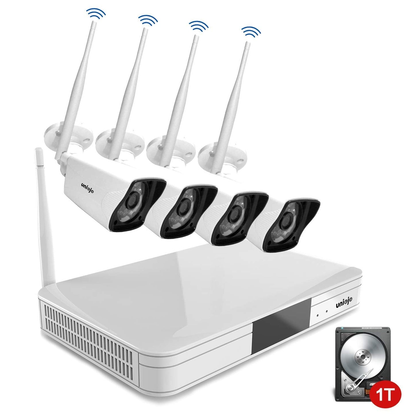 Wireless Security Camera System Outdoor, UNIOJO 2.0MP 1080P Waterproof IP66 Indoor Outdoor Home Surveillance IP Camera with 8CH CCTV NVR Recorder (1T Hard Drive), Night Vision, Motion Detection