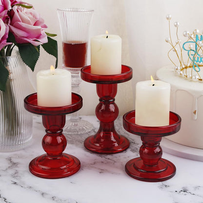 BTGLLAS 6-Piece Set of Red Glass Candlestick, Crystal Candlestick Holder Holder and Conical Candle, Christmas Candle Holder Decoration, Family Living Room Wedding Candle Holder (red2sets)
