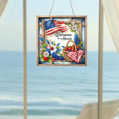 SHLUHA Diamond Art Kits for Adults Diamond Art Welcome Design Special Shape Acrylic Hanging Pendant Crystal Mosaic Home Wall Door Window Decor with Chain Handmade Gift with American Flag(LG53)