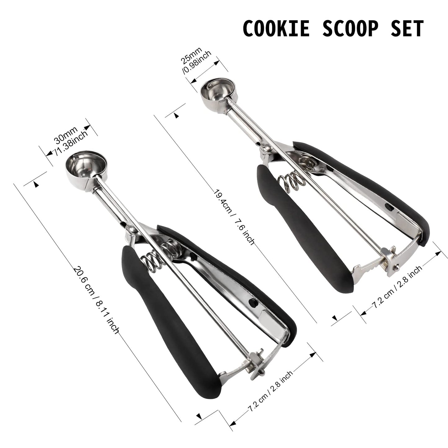 Small Cookie Scoop Set - 2 PCS Include 1 tsp / 2 tsp Cookie Dough Scoops, Cookies Scoops for Baking, Made of 18/8 Stainless Steel, Good Soft Grips, Quick Trigger Release