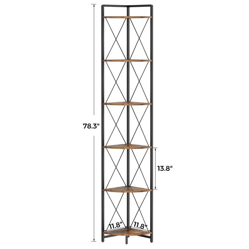 Cerlyunzan 6 Tier Corner Shelf Stand, 78" H Tall Industrial Corner Bookshelf for Living Room Decor, Metal Corner Shelf, Plant Stand Display Shelf for Bedroom, Bathroom, Small Space, Rustic Brown