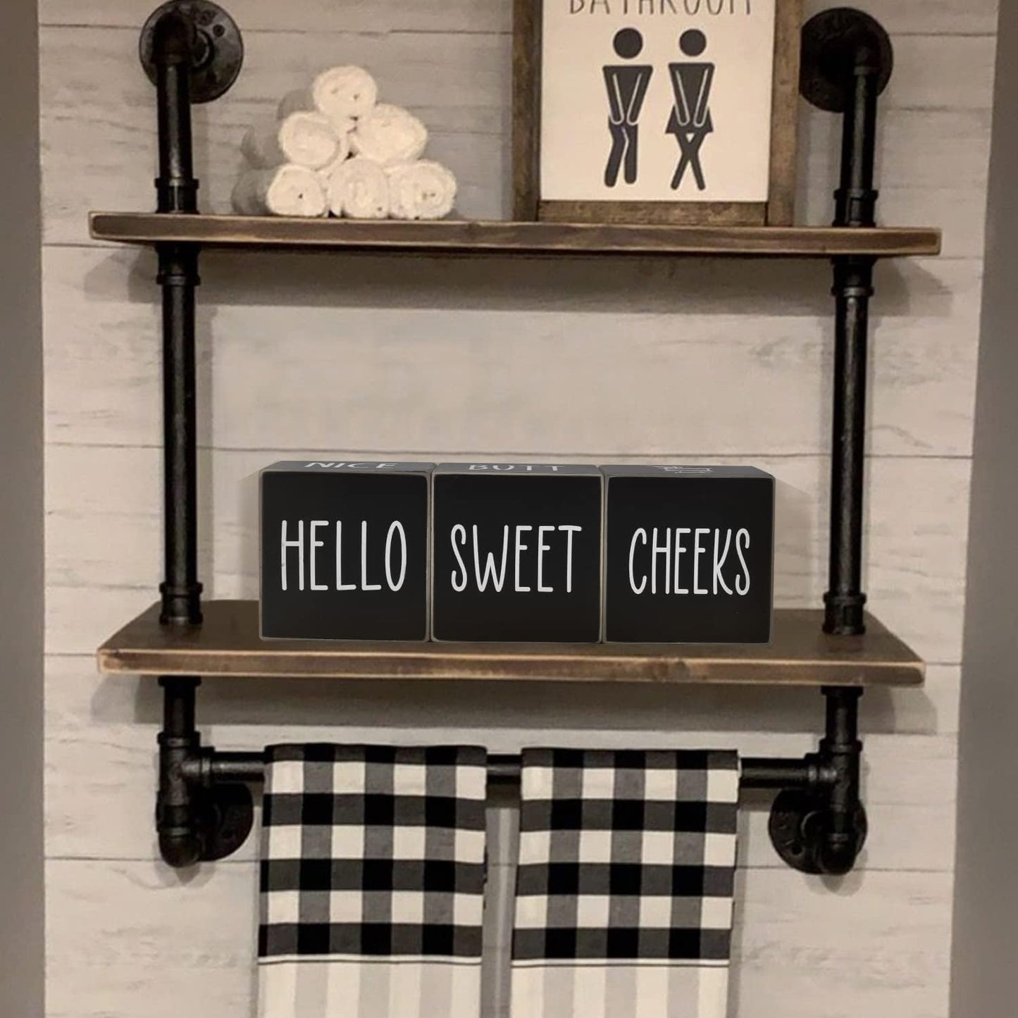 Farmhouse Bathroom Decor, Cute Funny Wooden Signs for Shelf, Rustic Black Bathroom Decor, 4 Sides