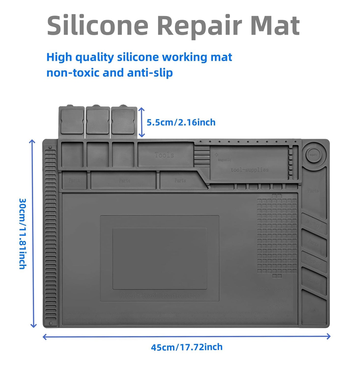 Kaisiking Magnetic Repair Work Mat Premium Silicone Soldering Mat for Soldering, Electronics, Computer Cellphone Repair, BGA Soldering Gun Iron Workbench Protection S160 Mat（Grey）