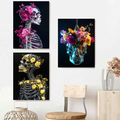 LATETOMT 15x20in 3 Pieces Aesthetic Skull Tapestries Flower Skeleton Wall Art Goth Love Tapestry Black Vertical Wall Tapestry for Valentine's Day Decor Bedroom Living Room Dorm LTMTAYW500