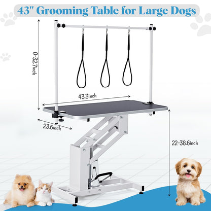 GarveeHome 43.6 in Pet Grooming Table for Large Dogs, Heavy Duty Height Adjustable Dog Grooming Table With Overhead Arm & Noose Height Range 22 in -39 in, Maximum Capacity Up to 350 LBS, White