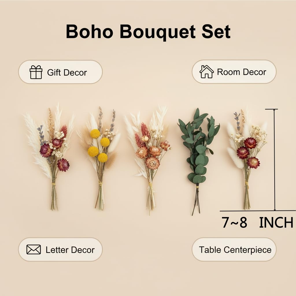 16 Varieties Dried Flowers Set, Mini Natural Dried Flowers Bulk with Stems for Vase Fillers, DIY Crafts, Wreath Making, Rustic Farmhouse Boho Home Decor, Wedding Floral Arrangement Brown Mix (7"-8")