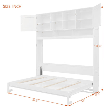 Merax Queen Size Murphy Bed Wall Bed with Top Storage Cabinets and Shelves, Fold into The Wall, Space-Saving Design, White Foldable Platform Bed Frame with Chevron Stripes, for Bedroom, Guest Room
