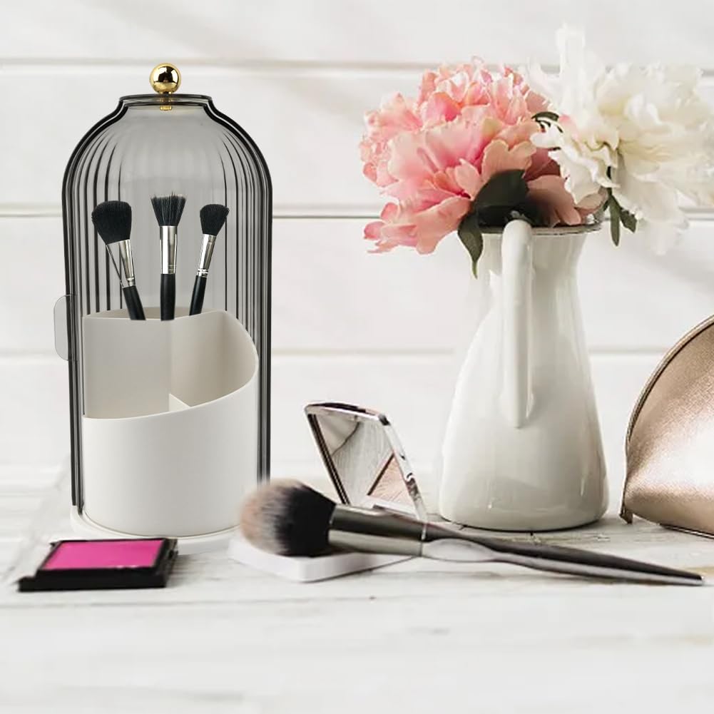 Makeup Brush Holder with Lid, 360 Rotating Sliding Opening Cosmetic Tools Organizer, Waterproof Dustproof Makeup Brush Organizer for Vanity Desktop Bathroom Countertop(COLOR:White And Black)