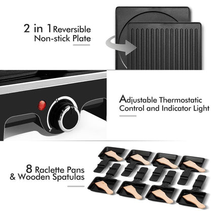 Raclette Table Grill, CUSIMAX Electric Grill, Indoor Grill Korean BBQ Grill With 2 in 1 Reversible Non-stick Plate, Crepe Maker with Adjustable temperature control, 8 Raclette Pans & Wooden Spatulas