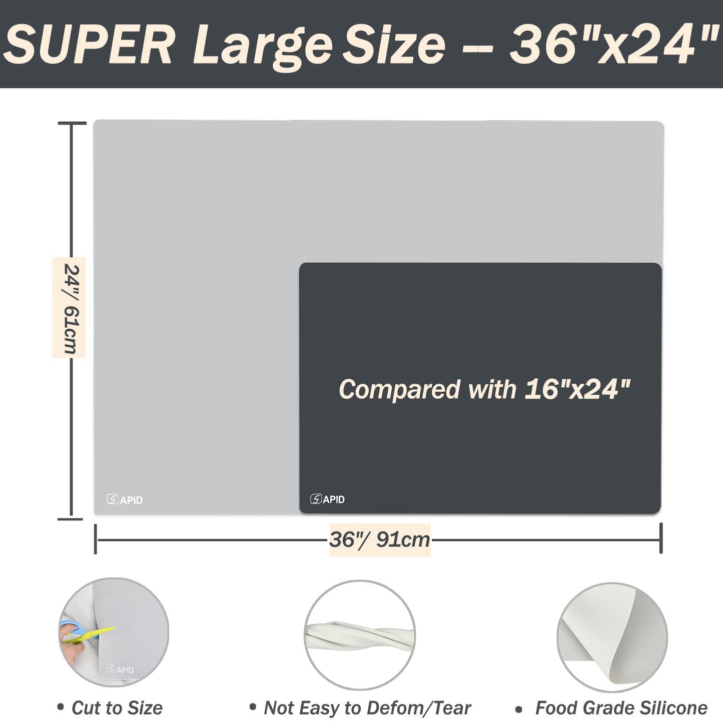 Extra Large Silicone Mat 36" x 24" Place Mats, Heat Resistant Mat for Kitchen Countertop Protector, Thick Placemats Washable Silicone Mats for Kitchen Counter Mat Dining Table Mat, Grey, Sapid