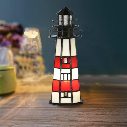 HomeBeauty A0016 Tiffany Lighthouse Lamp Stained Glass Accent Table lamp Night Light for Home Decoration, Bulb Included (RED)