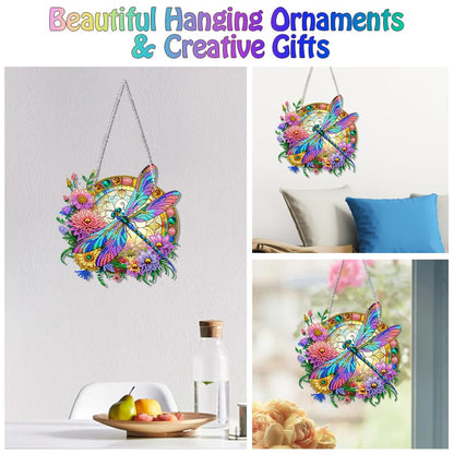 Koikify Diamond Painting Hanging Pendant Kit for Adults, Flower & Dragonfly Diamond Art Window Hanging Ornament with Double-Sided Pattern, Indoor Home Decoration and Gift