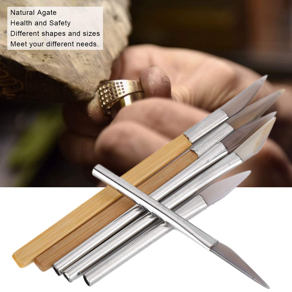 6pcs Agate Burnisher Knife Edged Agate Burnishing Tool Set Craft Polishing Tools Carving Precious Metal with Bamboo Iron Handle for Gold Platinum Jewelry Sterling Silver
