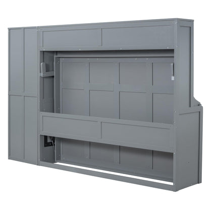 Ball & Cast Queen Size Murphy Bed Wall Chest with Closet and Storage Drawers,Wood Hideaway Platform Bedframe can be Folded,Easy Assembly,for Kids Bedroom,Student Dorms,Gray