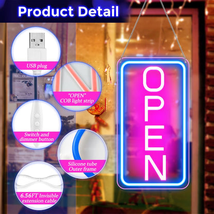 ROLANCHE Open Signs for Business, 16"x 9" LED Neon Open Sign with ON/OFF Switch adapter, Ultra Bright and Eye-catching Vertical Open Light Up Sign for Window, Wall, Store, Shop, Blue/Pink