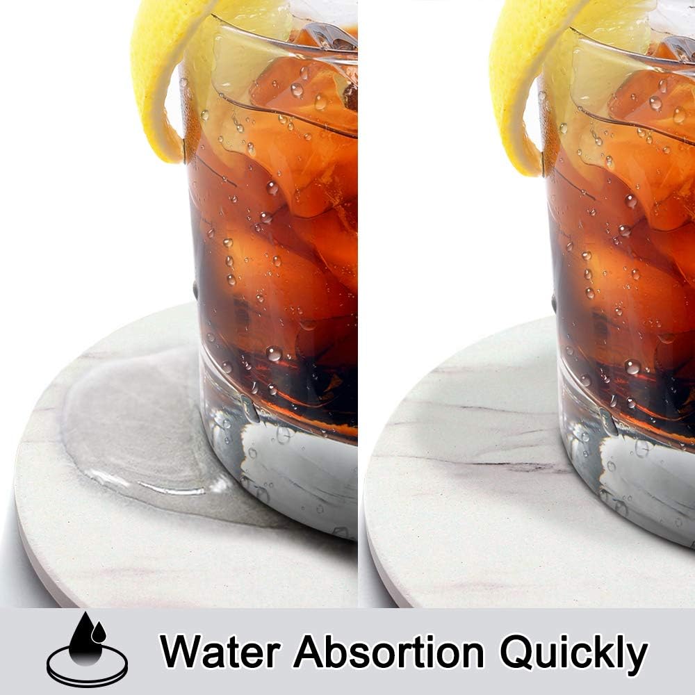 EAGMAK Set of 8 Absorbent Marble Style Ceramic Coasters with Holder for Drinks, Home Decor (White)