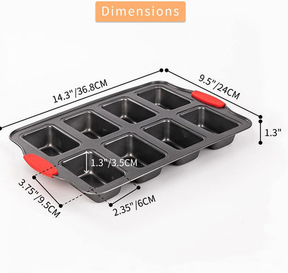 PLAZOTTA 2 Packs Mini Loaf Pan with Silicone Handle, 8 Cavity Non-Stick Baking Pan for Mini Bread, Brownies, Cheesecake