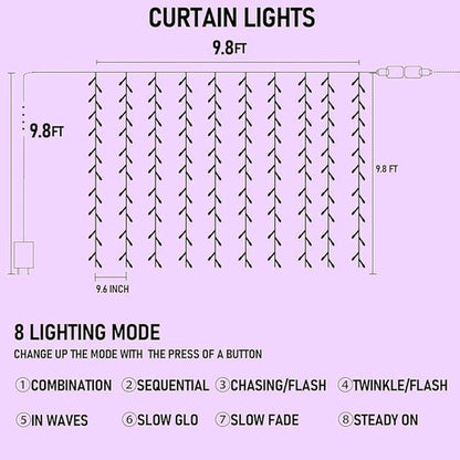 Dazzle Bright 300 LED Christmas Curtain String Lights - Waterproof Purple Fairy Lights with 8 Modes