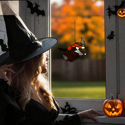 LITEPEDIA Witch On Broomstick Decor Stained Glass Window Hangings,Witch Stained Glass Suncatcher for Window,Halloween Decoration, for Party