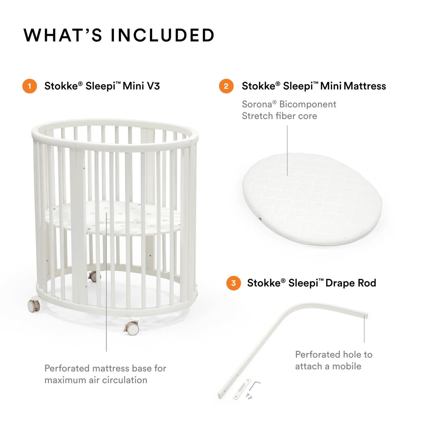 Stokke Sleepi Mini Bundle V3, White - Includes Sleepi Mini V3, Mattress & Drape Rod - Suitable for Ages 0-6 Months - Adjustable & Stylish