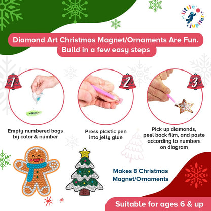 Little Jupiter DIY Magnet & Diamond Art Christmas Ornaments for Kids Set - Makes 8pcs - Crafts - Diamond Art Kits for Kids - Ornament Kits