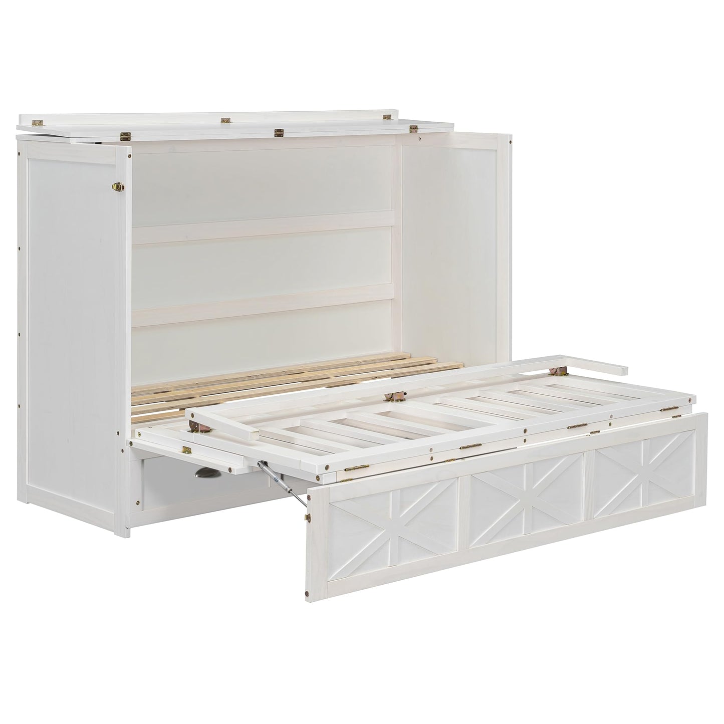 Merax Queen Size Murphy Bed Cabinet with Charging Station and Storage Drawer, Wooden Foldable Platform Bed Frame for Home Office Small Room, White