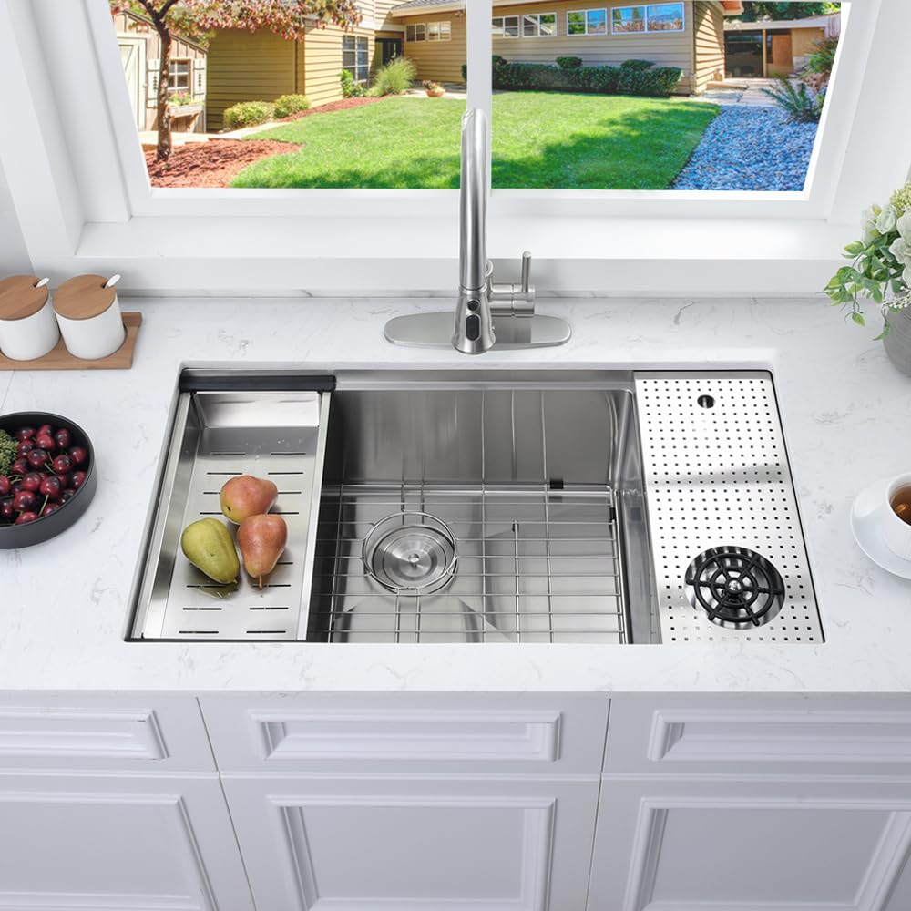 33 Inch Undermount Kitchen Sink with Glass Rinser -Bokaiya 33x19 Stainless Steel Kitchen Sinks Undermount Workstation Sink 16 Gauge Multifunctional Single Bowl Deep Kitchen Sink with Cutting Board