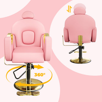 Professional Reclining Salon Barber Chair with Heavy-Duty Pump, Height-Adjustable & 360° Swivel Styling Chair, 330 LBS Capacity, Comfortable High-Density Cushion for Spas, Tattoo Studios, Pink & Gold