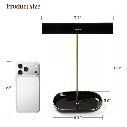 Saydear Velvet Jewelry Organizer Stand, T-Bar Necklace Holder with Ceramic Ring Dish Tray, Watch & Bracelet Display Organizer for Vanity, Dresser, Nightstand, Luxury Gift for Women Black