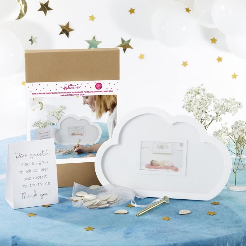 Kate Aspen Baby Shower Guest Book Cloud Frame with Wooden Rain Drops Guestbook Alternative, Nursery Decor, Baby Shower Decorations, Sonogram Picture Frame