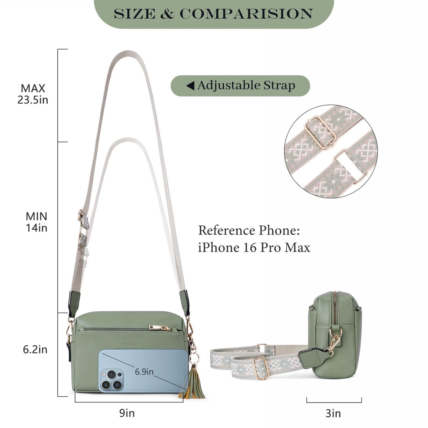 Roulens Triple Zip Small Crossbody Bag for women,Wide Strap Cell Phone Purse Shoulder Handbag Wallet with Credit Card Slots