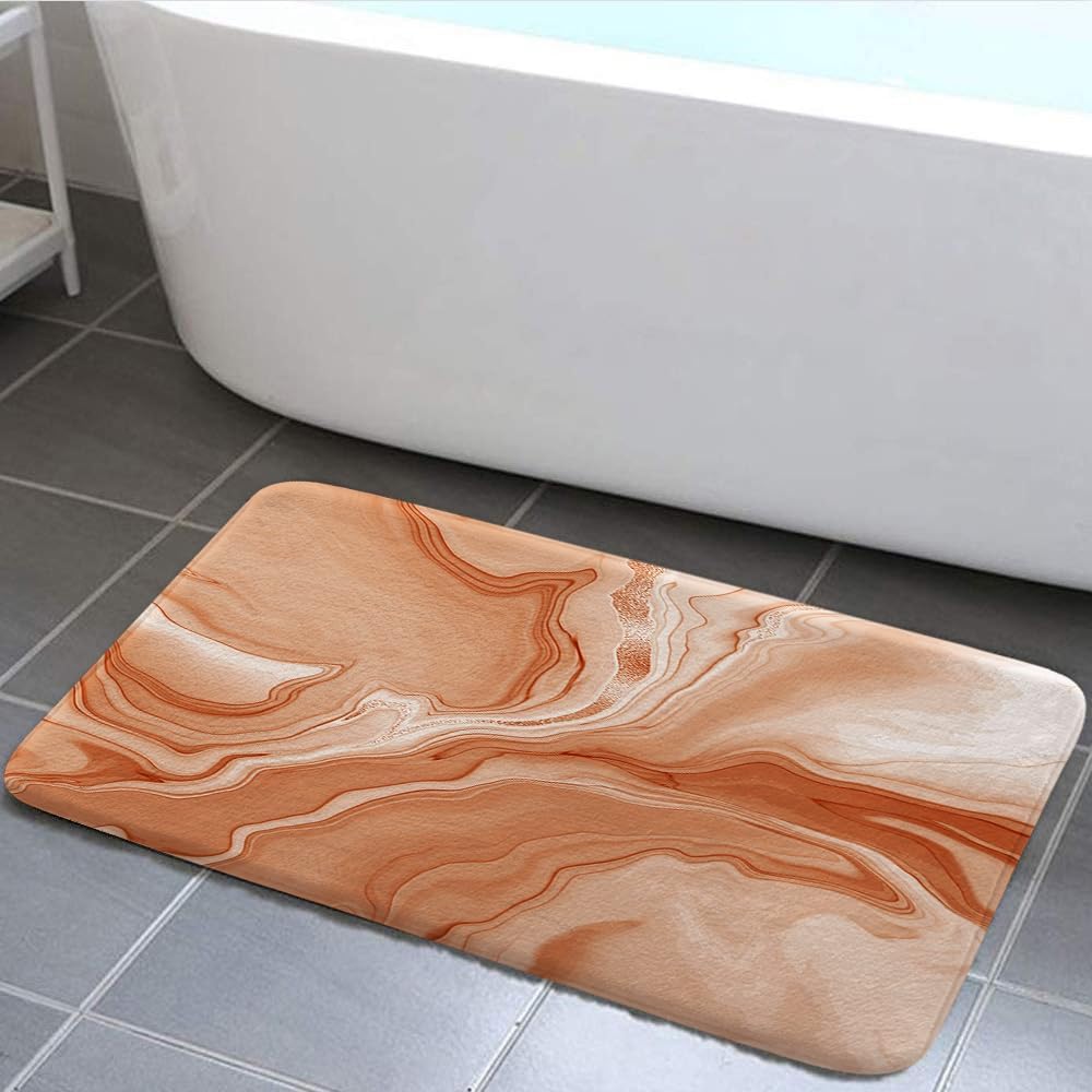 Orange Bathroom Rug Mat, Abstract Marble Non Slip Bath Mats, Soft Luxury Microfiber Floor Rug for Tub Shower