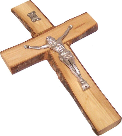 Holy Land Market Olive Wood Cross/Crucifix, 9.2" x 5.5" with Bark Edges from Bethlehem