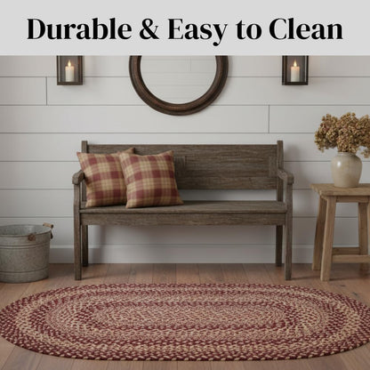 Jute Braided Rugs 4x6' Oval Rustic Trails – Burgundy & Tan Primitive Rugs for Living Room, Dining Room Decor, Farmhouse Living Accent