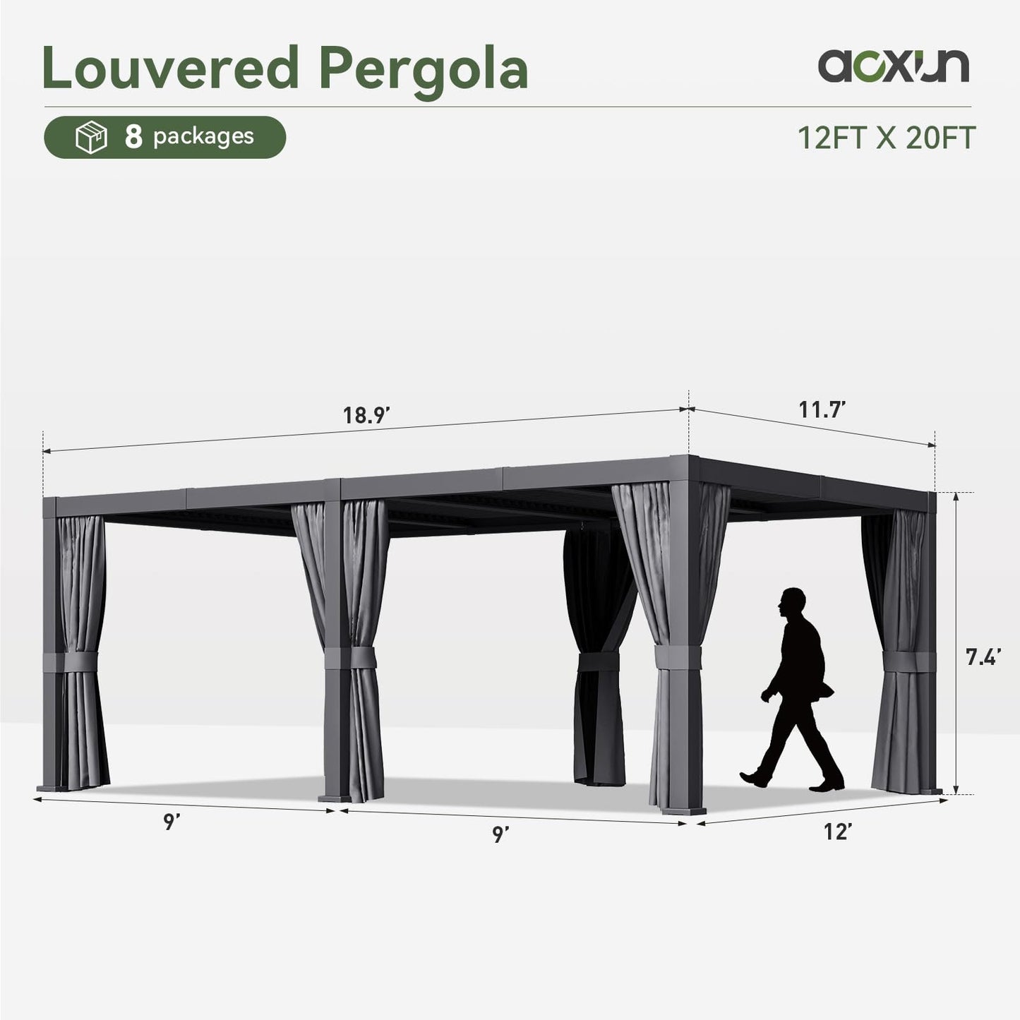 Aoxun Louvered Pergola 12x20 All-Aluminum Outdoor Gazebo with Independent Adjustable Roofs, Waterproof Curtains and Netting, Integrated Drainage System for Patios & Backyard