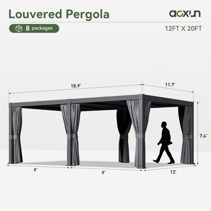 Aoxun Louvered Pergola 12x20 All-Aluminum Outdoor Gazebo with Independent Adjustable Roofs, Waterproof Curtains and Netting, Integrated Drainage System for Patios & Backyard