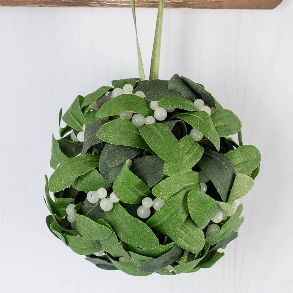 Factory Direct Craft Hanging Mistletoe Ball, Artificial Green Poly Silk Leaves, Multiple White Berries